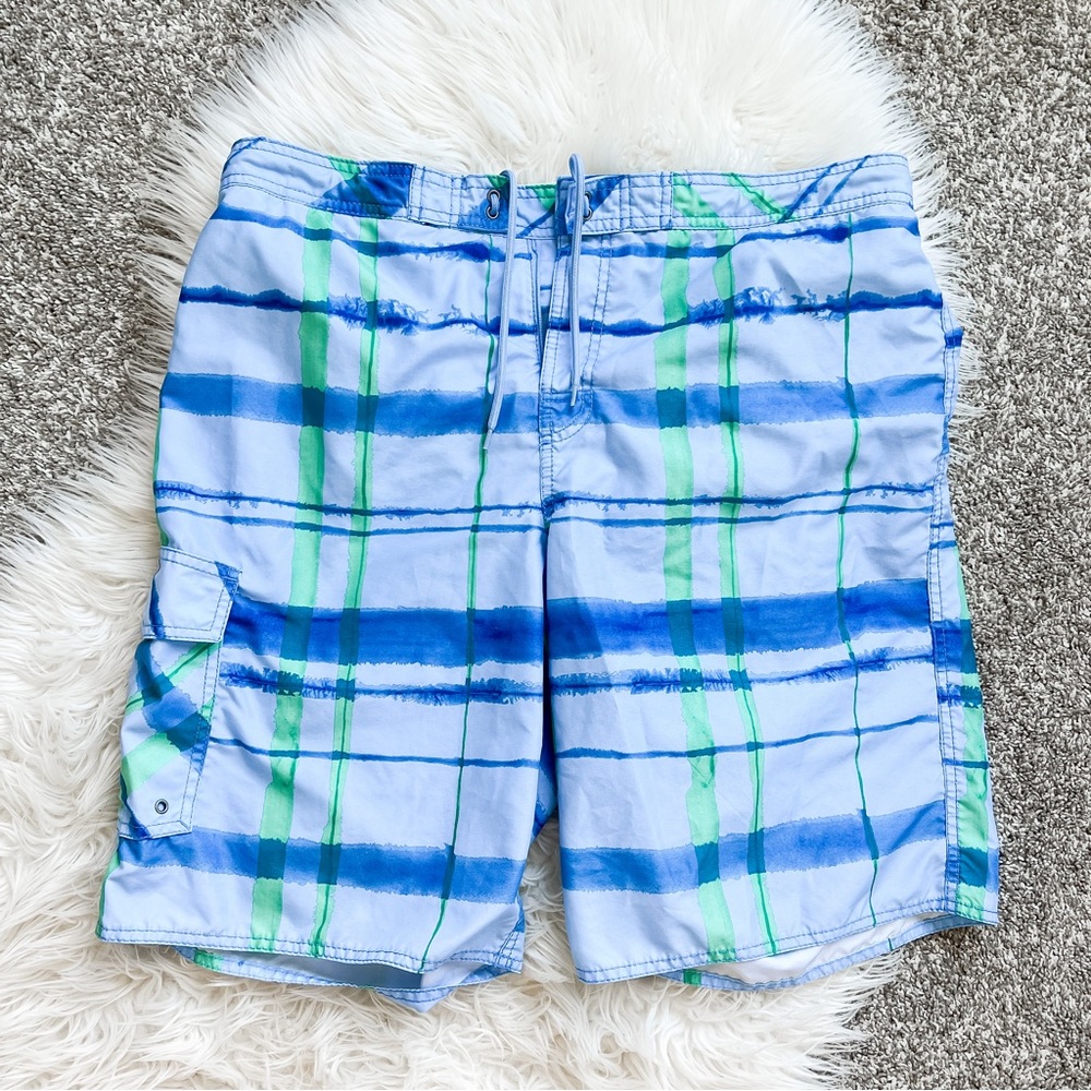Y2K Plaid Cargo Swim Trunks Mens Large Blue Green